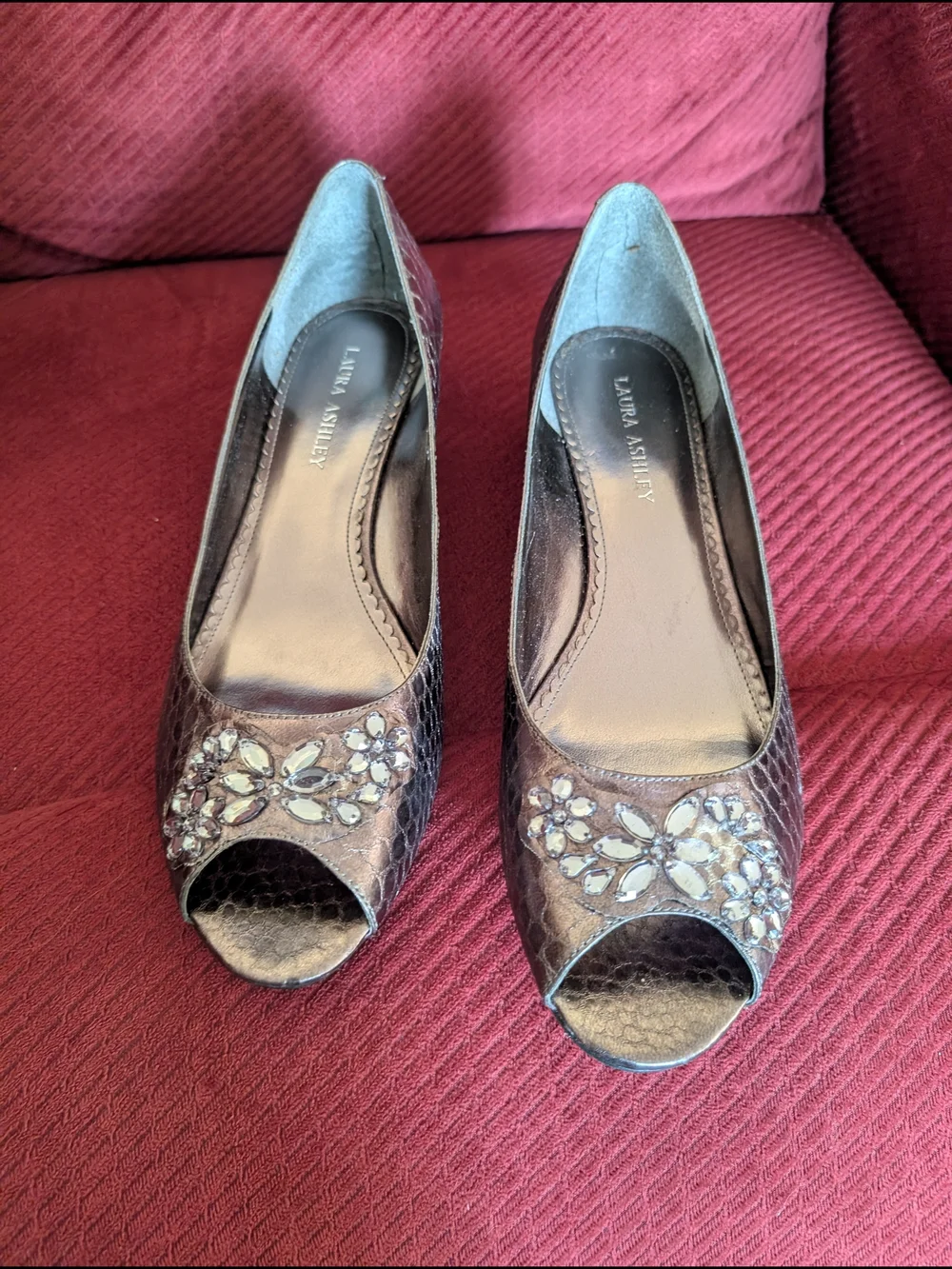 New Laura Ashley Jeweled Peep-Toe Wedges
